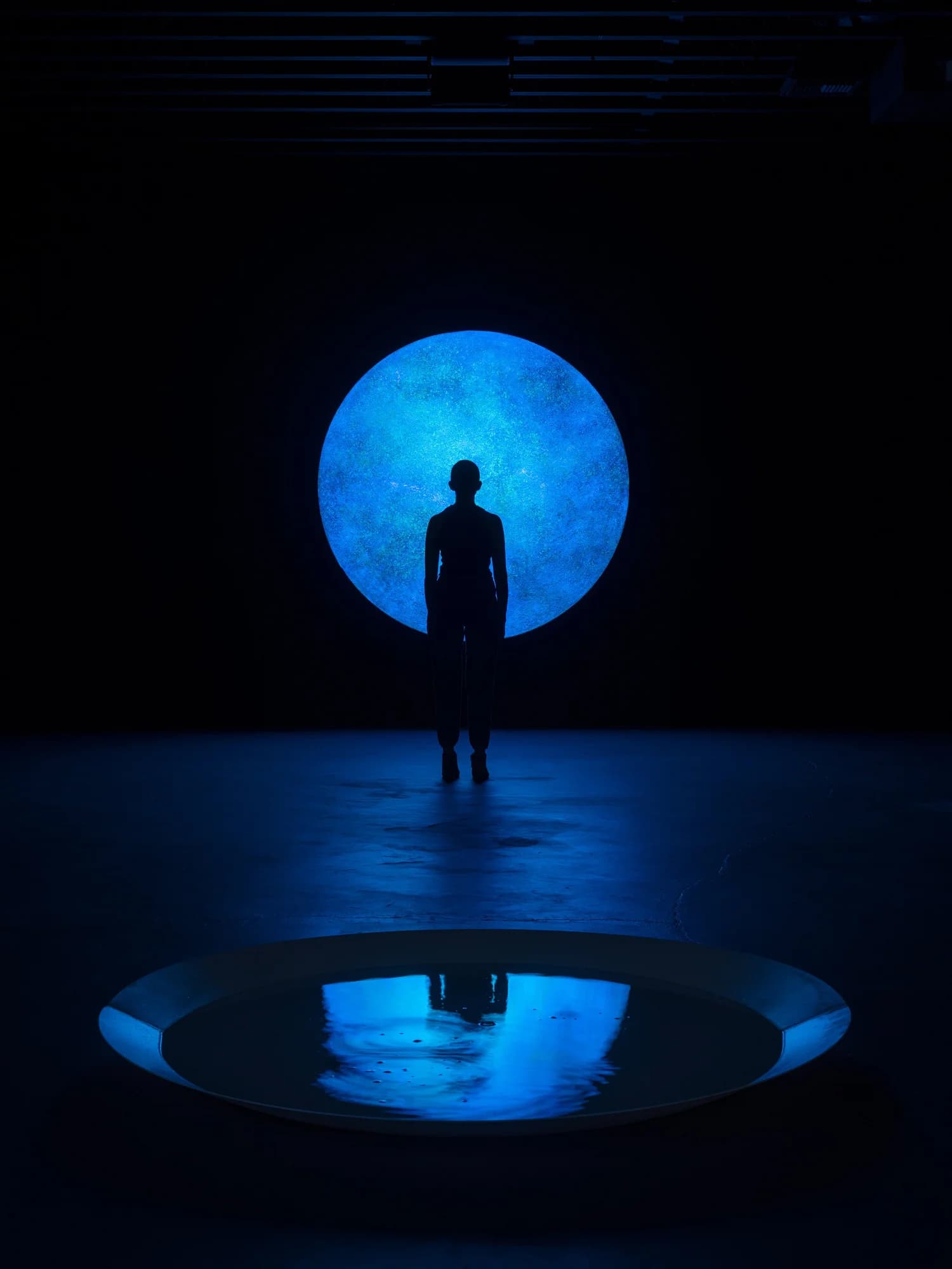 Installation view from The Gaia Hypothesis at THE ELEMENTAL — a viewer silhouetted before a deep-blue circular form, reflected in a shallow pool of water on the gallery floor.