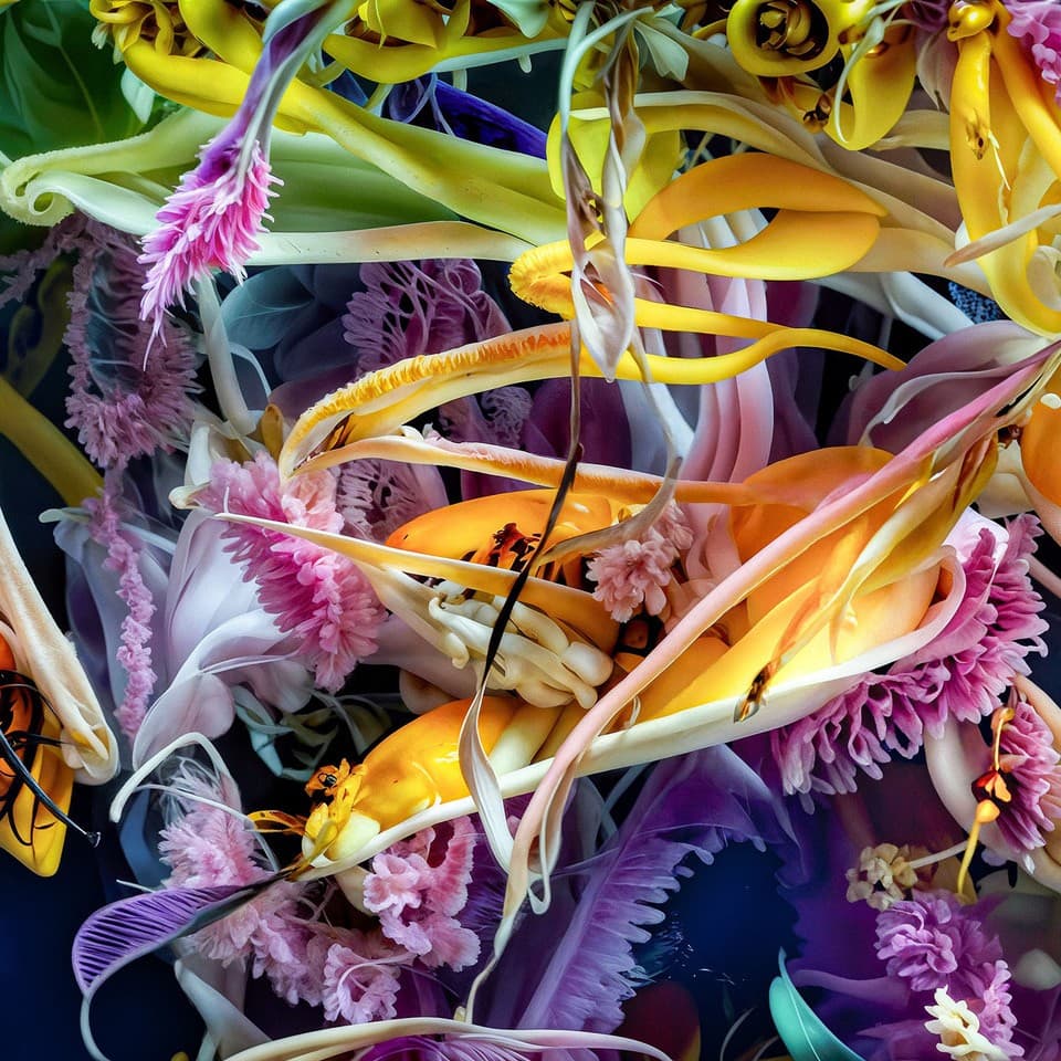 Neochimera — a dense, luminous tangle of hybrid flowers in pink, yellow, and violet.