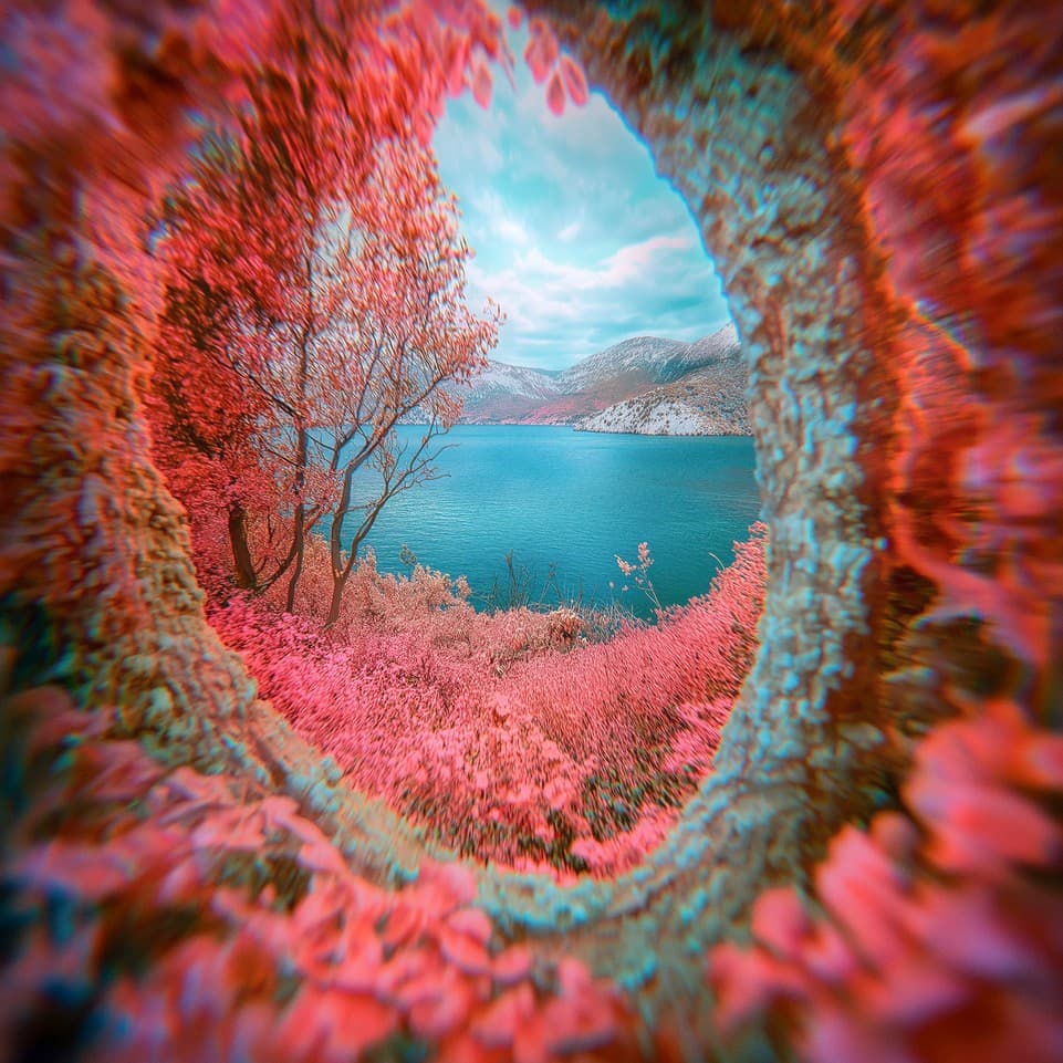 A circular porthole opens through dense crimson and orange foliage onto a still turquoise lake ringed by mountains.