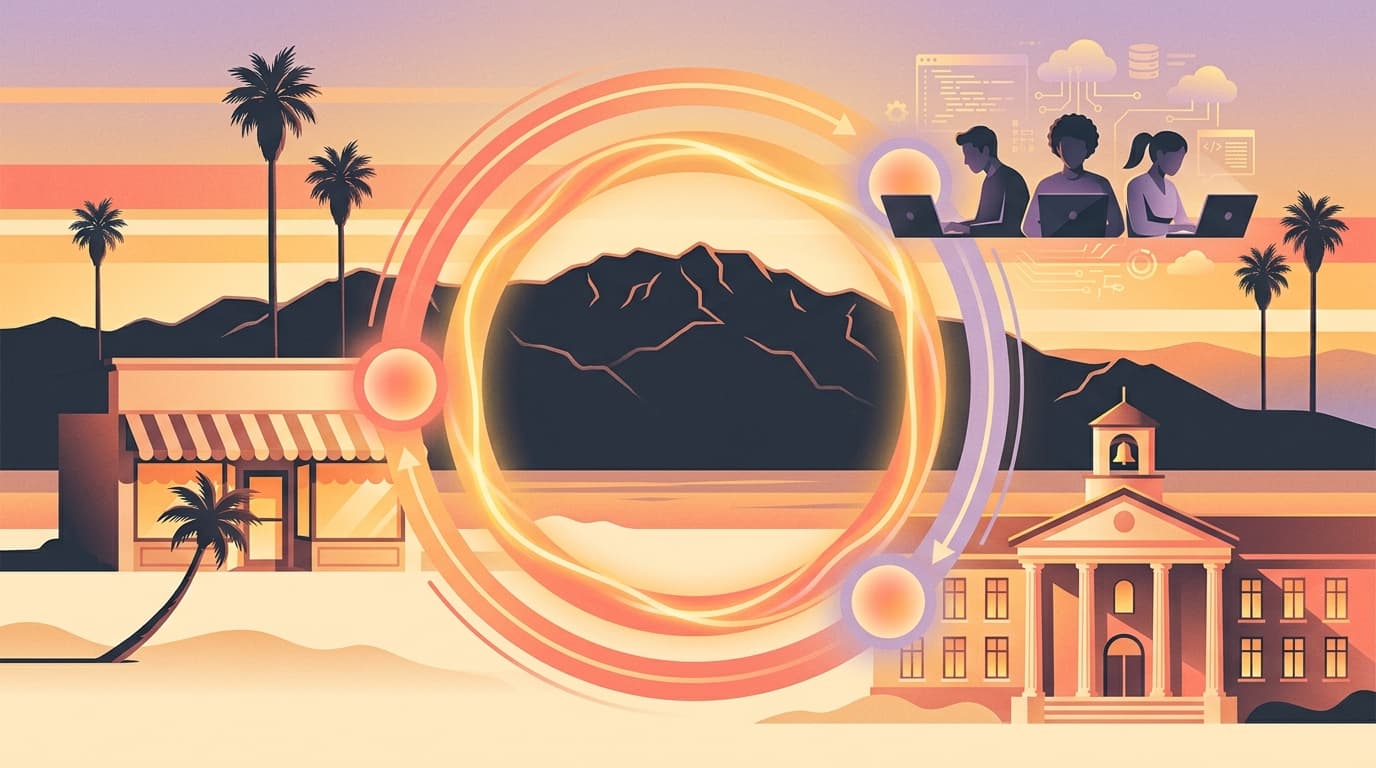 Editorial illustration showing the PS/NExT Vibe-a-thon flywheel — local Palm Springs businesses, a workforce of builders at laptops, and a college campus connected by a glowing ring of light against a desert sunset.