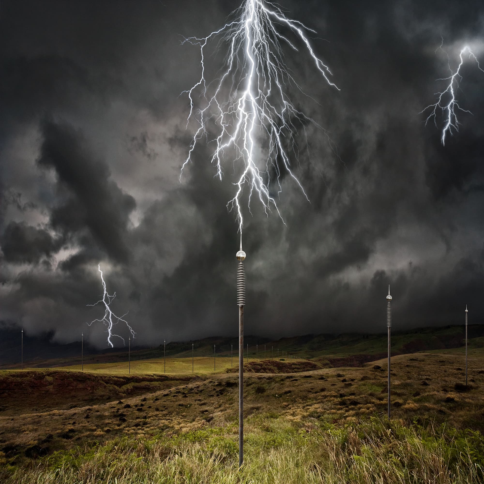 Photographic composite — brilliant white lightning forks down onto a tall central rod in a green field of slender lightning rods, under a heavy, storm-laden sky.